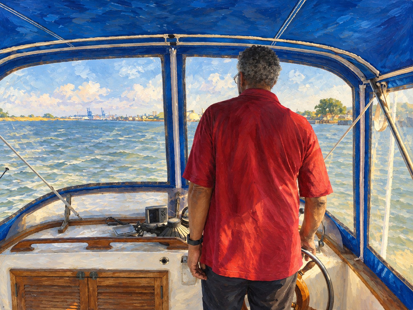 Painted artwork of the founder’s father at the helm, looking out over the water